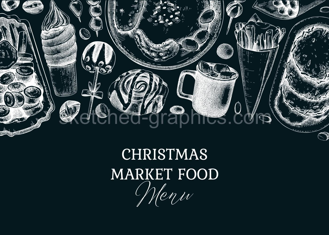 Christmas market food background. Fast food menu design. Hand-drawn vector illustration. Pastry, sweets, grilled sausages, hot drinks sketches. Christmas banner on chalkboard Illustration